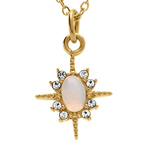 Collier en acier dor� perle ovale imitation et contour d'oxydes blancs
