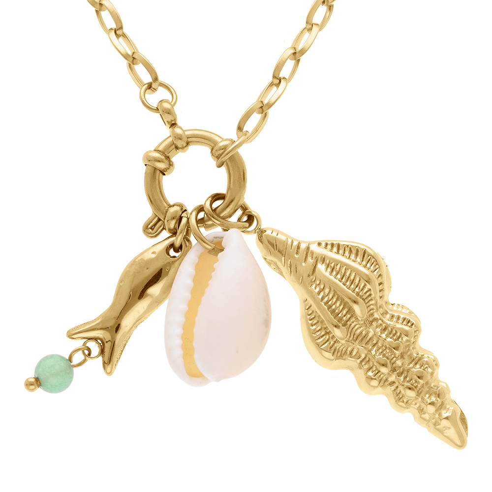 Collier en acier dor� poisson, coquillage imitation - 47cm - Vue 1