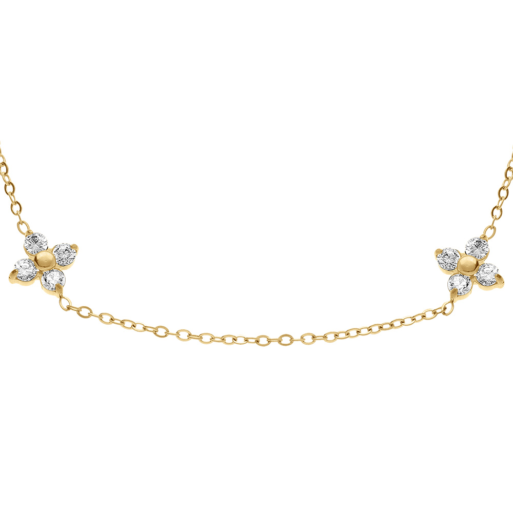 Collier en acier dor� quatre fleurs d\'oxydes blancs - 41+5cm - Vue 1