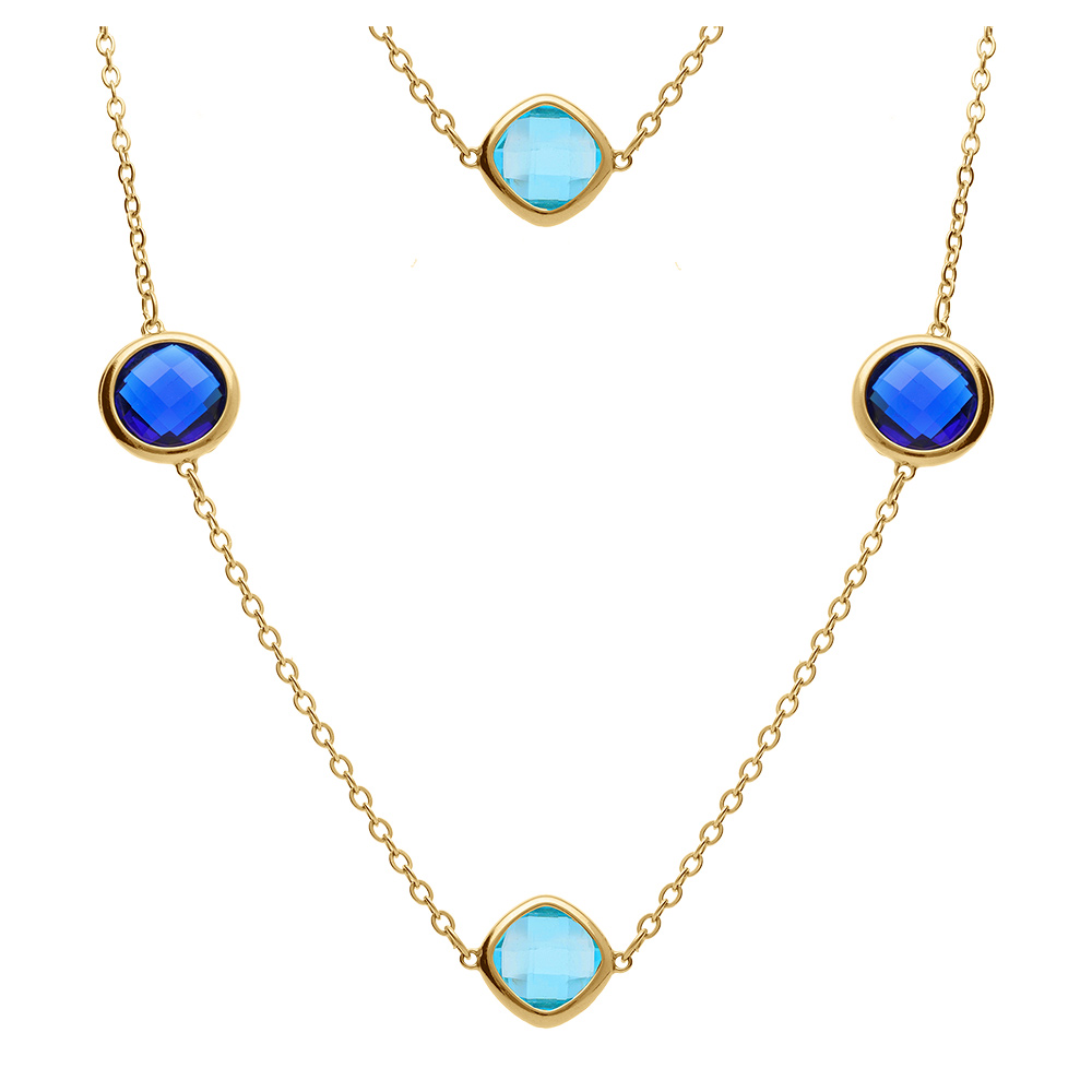 Collier en acier dor� sautoir d\'oxydes carr�s bleu ciel et bleu fonc� - Vue 1
