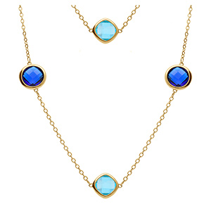 Collier en acier dor� sautoir d'oxydes carr�s bleu ciel et bleu fonc�
