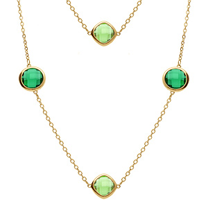 Collier en acier dor� sautoir d'oxydes carr�s vert fonc� et vert clair