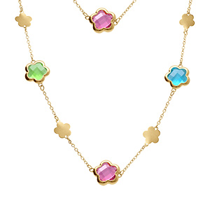 Collier en acier dor� sautoir pastilles fleur et oxydes forme fleur multi couleur