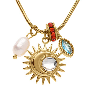 Collier en acier dor� soleil, perle blanche imitation et oxydes - 45+5cm