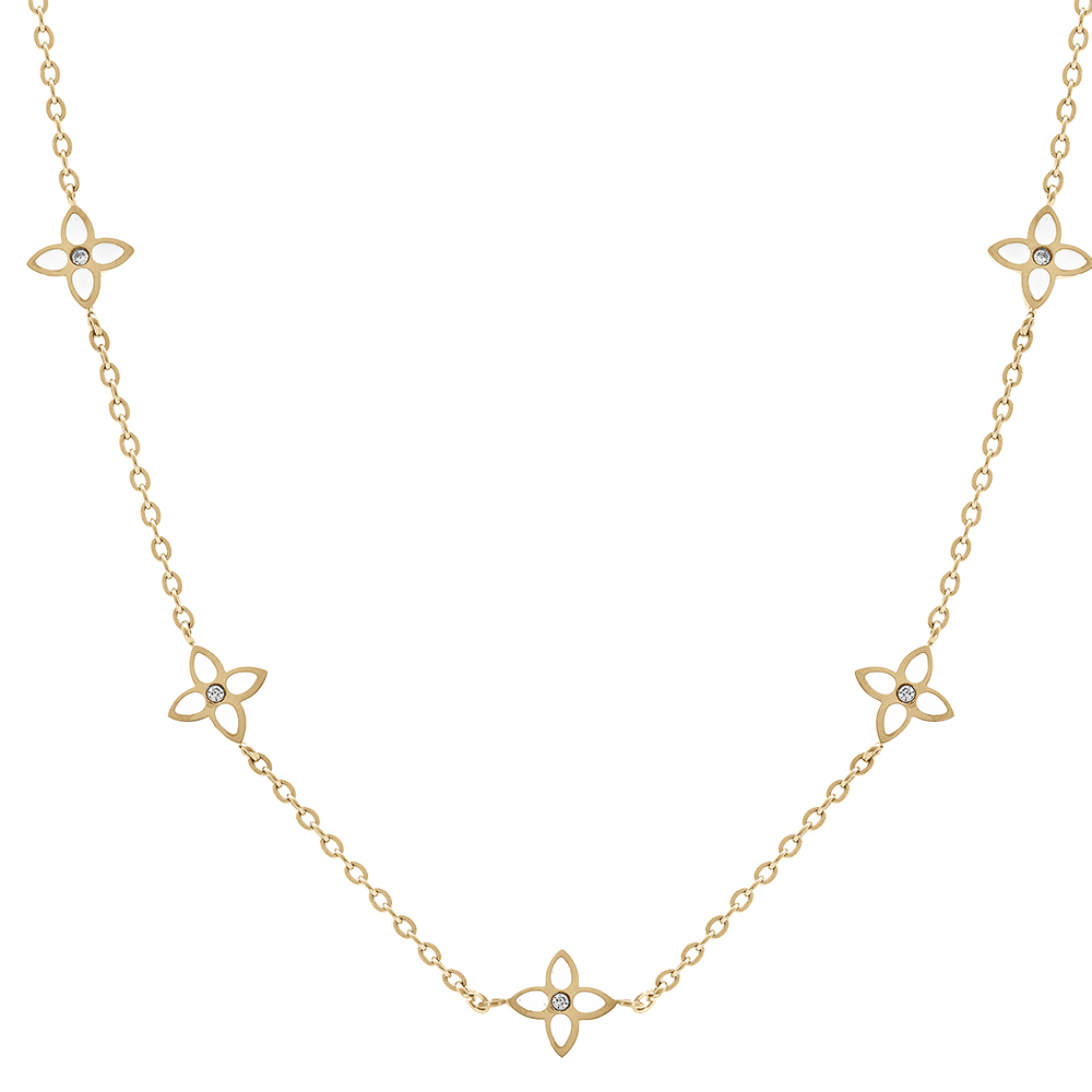 Collier en acier dor� trois fleurs en r�sine blanche,  40+5cm - Vue 1