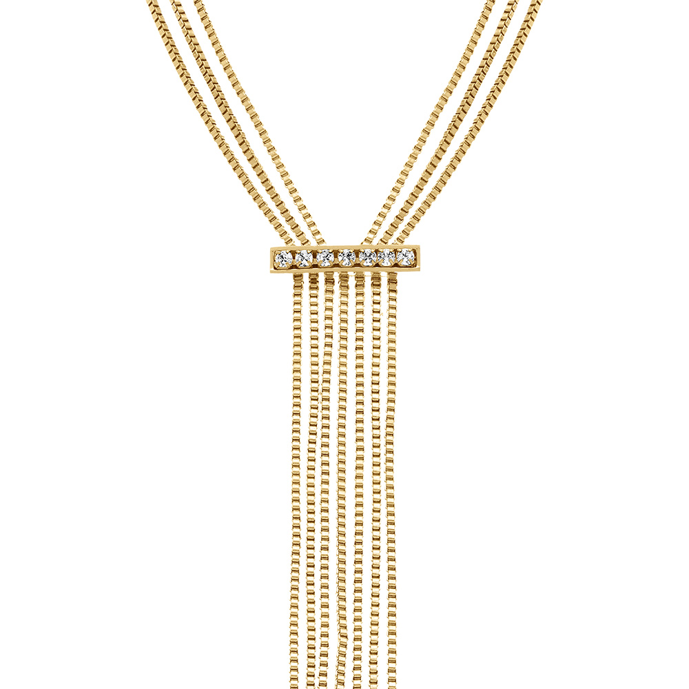 Collier en acier dor� trois rangs barrette d\'oxydes blancs multi fils - 52+5cm - Vue 1