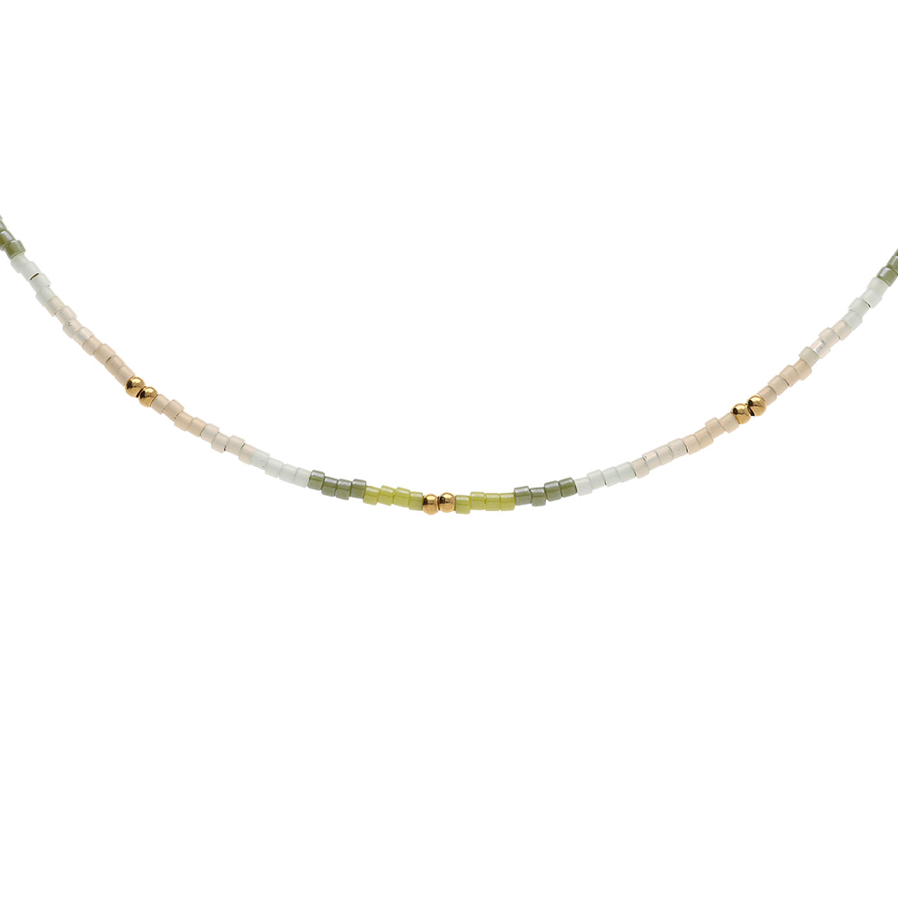 Collier en acier dor� verre nacr� ton vert - 37+5cm - Vue 1