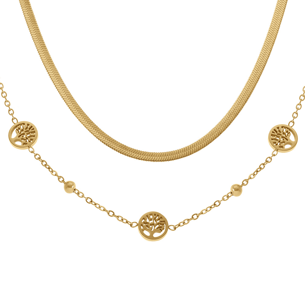 Collier en acier dor�deux rangs cha�ne plate et l\'autre boules avec motifs abre de vie  - 40+6cm - Vue 1
