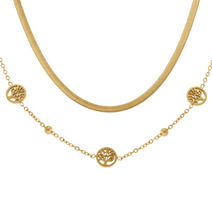 Collier en acier dorédeux rangs chaîne plate et l\'autre boules avec motifs abre de vie - 40+6cm - Vue 1