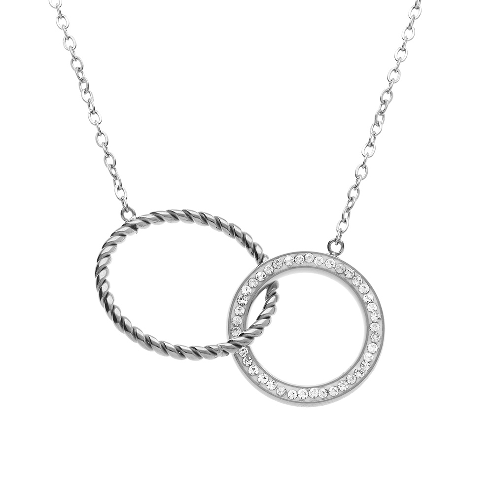 Collier en acier double cercle, un torsad� et l\'autre en r�sine blanche et strass, 45cm - Vue 1
