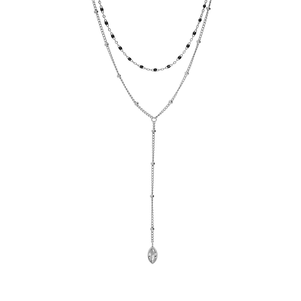 Collier en acier double cha�ne avec cha�ne en Y boules et oxyde blanc serti et cha�ne avec olives couleur noire 40+5cm - Vue 1