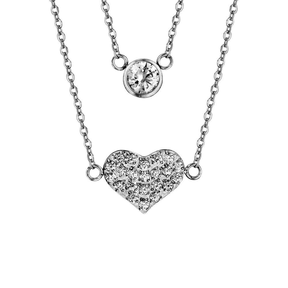 Collier en acier double cha�ne 1 oxyde blanc serti clos 1 coeur oxydes blancs sertis 42+3cm - Vue 1