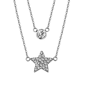 Collier en acier double chaîne 1 oxyde blanc serti clos 1 étoile oxydes blancs sertis 42+3cm - Vue 1