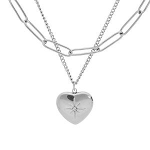 Collier en acier double rang avec pendentif coeur 39+5cm - Vue 1