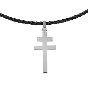 Collier en acier et cuir noir avec pendentif croix de Lorraine satine 50+5cm - Vue 1