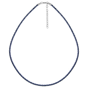 Collier en acier et cuir tressé bleu marine - longueur 45cm + 5cm de rallonge - Vue 1