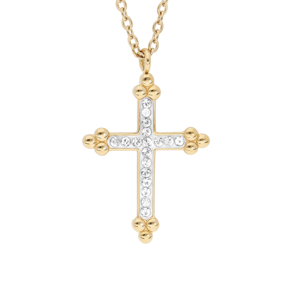Collier en acier et PVD dor� avec Pendentif Croix (17X3mm) r�sine champagne et pierres champagne - 45+5cm - Vue 1