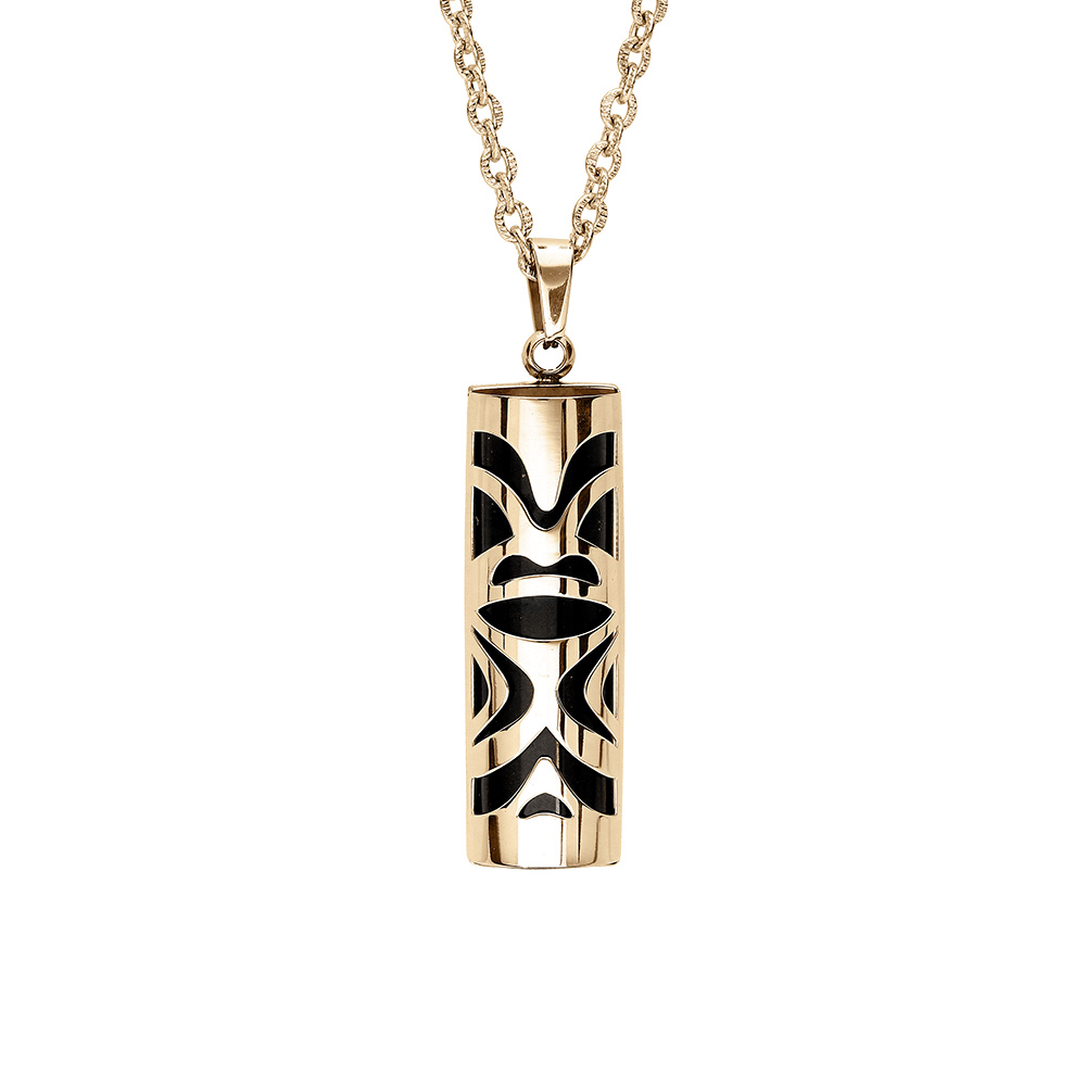 Collier en acier et PVD dor chane avec pendentif Tiki prosprit 30 mm diamtre 9mm agate noire vritable - 50+5cm - Vue 1