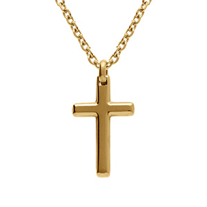 Collier en acier et PVD doré chaîne maille forcat avec pendentif croix 33 x 17mm - longueur 55+5cm - Vue 1