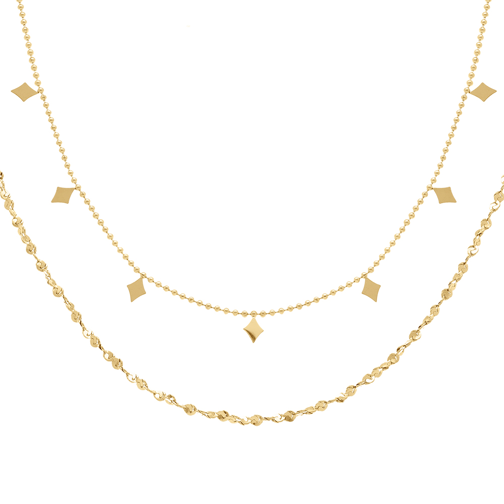 Collier en acier et PVD dor� deux rangs cha�ne boules et diamant�e avec losanges - 40+5cm - Vue 1