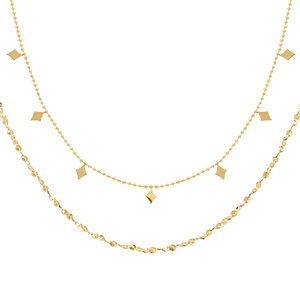 Collier en acier et PVD dor� deux rangs cha�ne boules et diamant�e avec losanges - 40+5cm