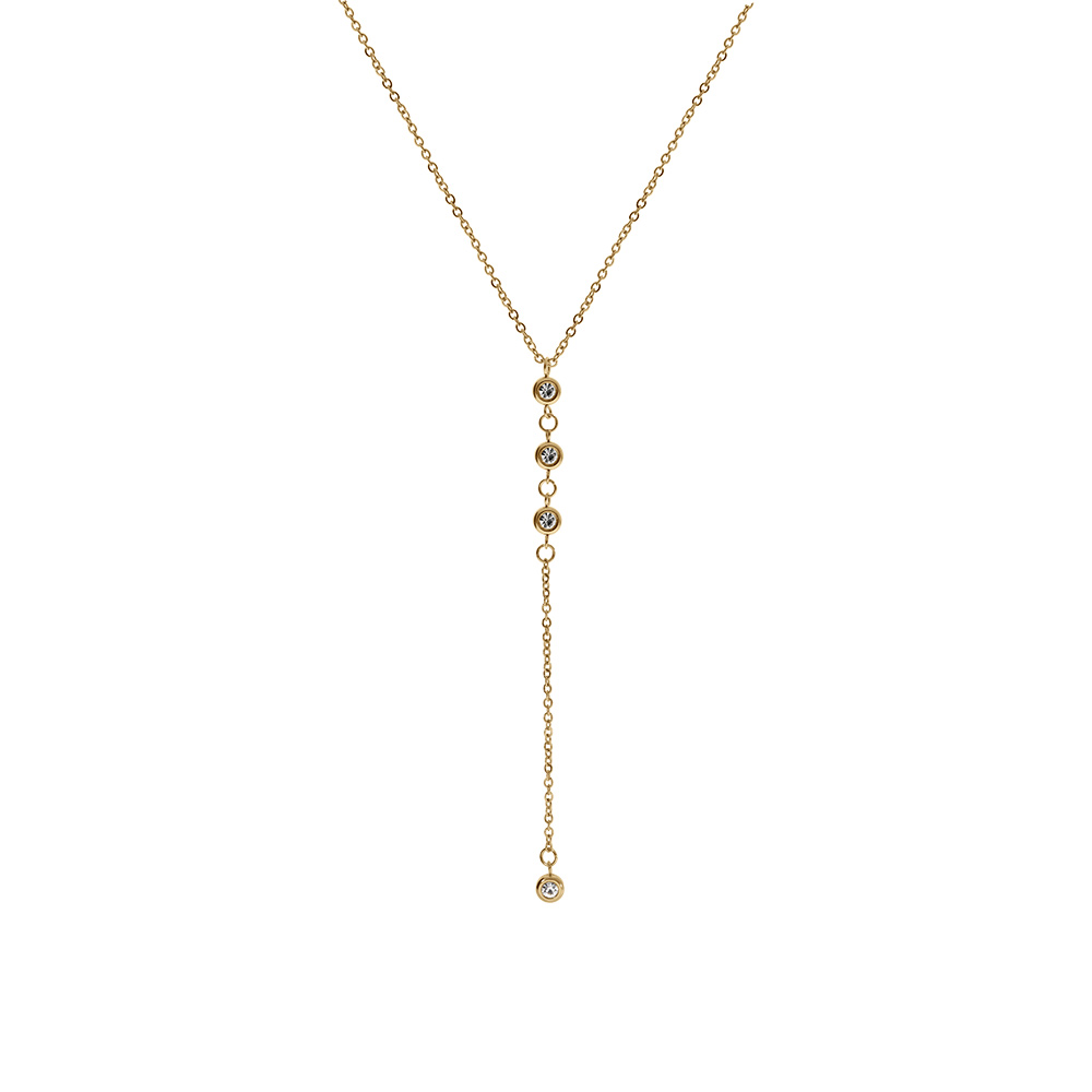 Collier en acier et PVD dor� forme cravate avec oxydes blancs sertis clos - 40+5cm - Vue 1