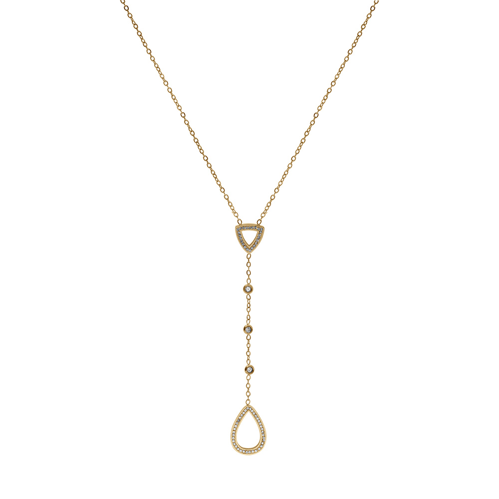 Collier en acier et PVD dor� forme cravate strass blancs sertis clos et goutte - 39.5+4cm - Vue 1