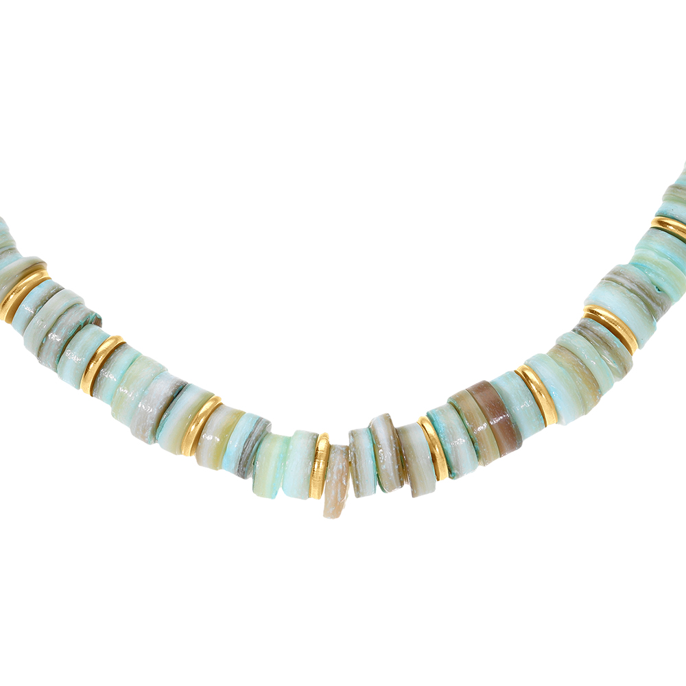 Collier en acier et PVD dor� rondelles coquillage teint� bleu 35+9cm - Vue 1