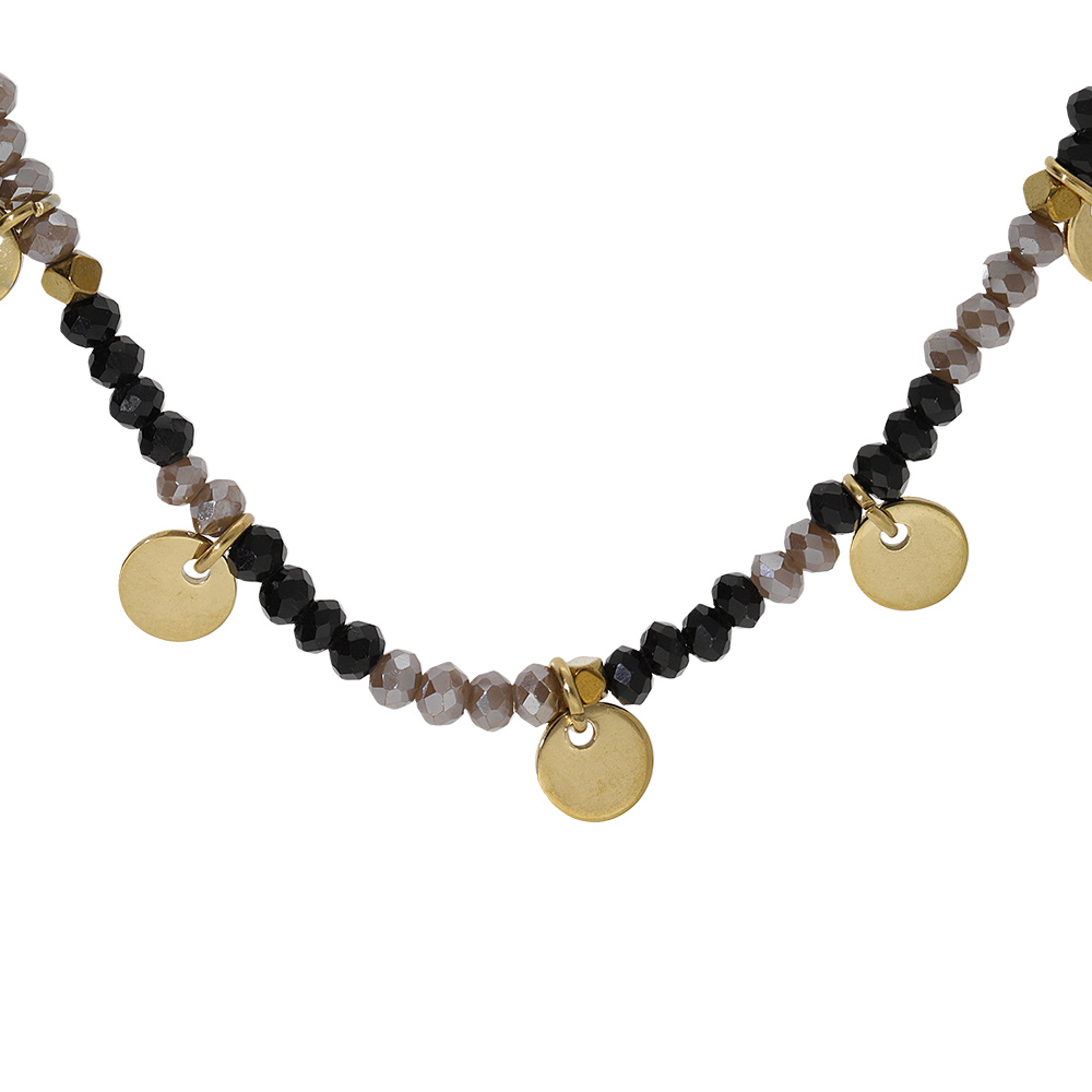Collier en acier et PVD dor� verre et labradorite noire v�ritable avec pampilles pastilles 38+7cm - Vue 1