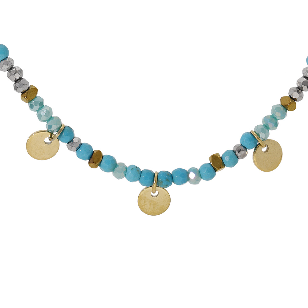 Collier en acier et PVD dor� verre et pierre turquoise imitation avec pampilles pastilles 38+7cm - Vue 1