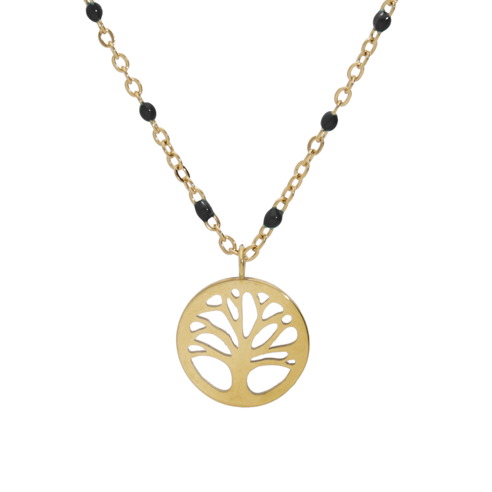Collier en acier et PVD jaune cha�ne avec pendentif arbre de vie et olives couleur noire 40+5cm - Vue 1