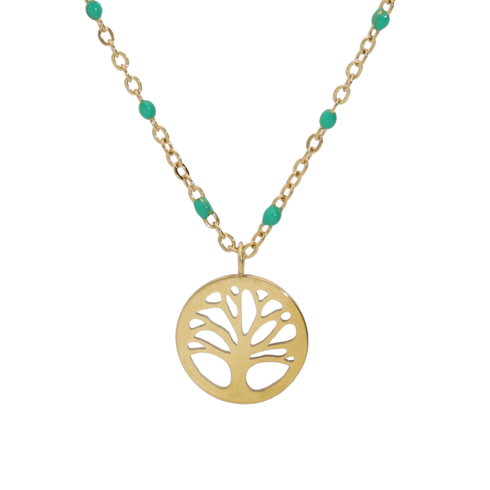 Collier en acier et PVD jaune cha�ne avec pendentif arbre de vie et olives couleur turquoise de synth�se 40+5cm - Vue 1