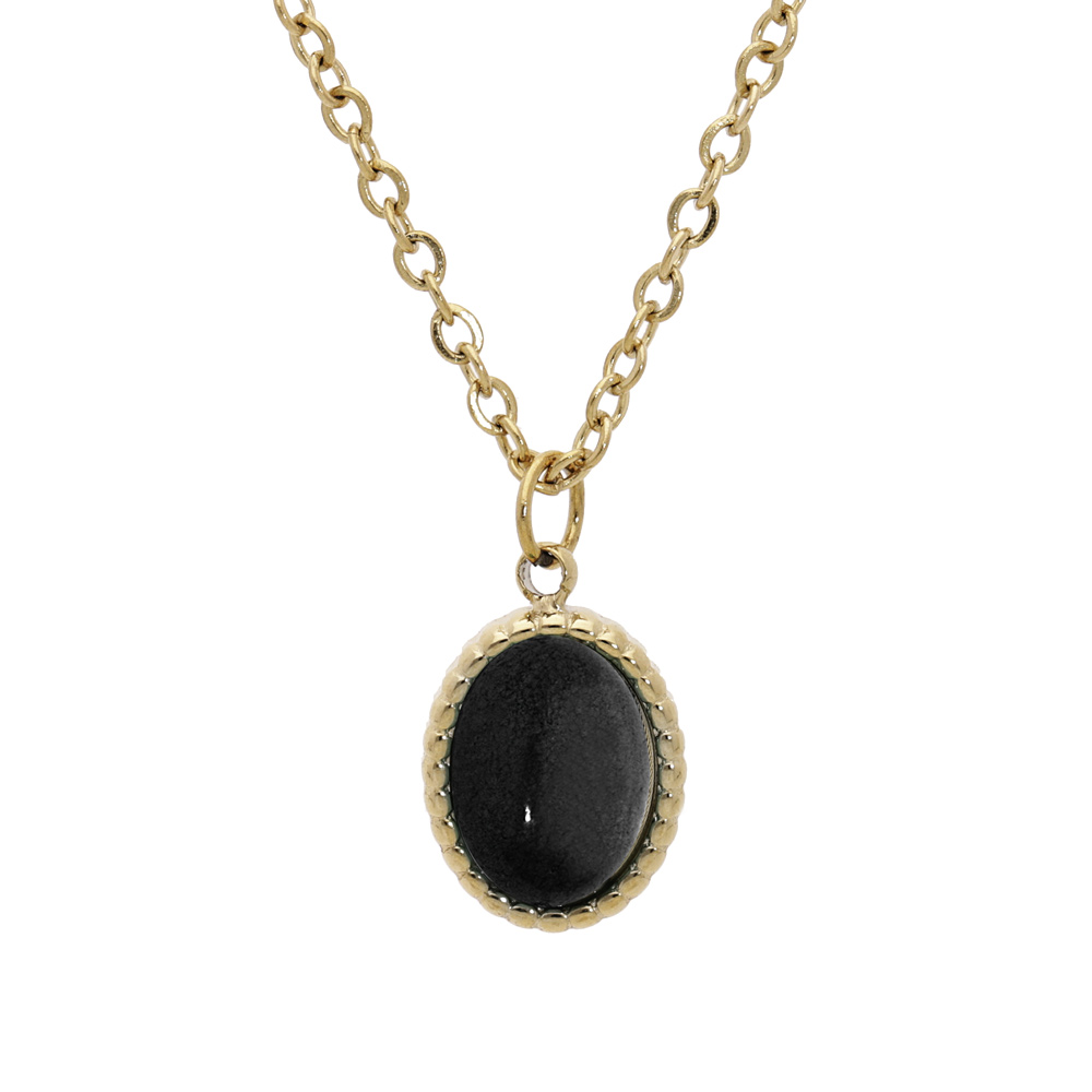Collier en acier et PVD jaune cha�ne avec pendentif cabochon couleur noir 40+5cm - Vue 1
