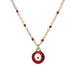 Collier en acier et PVD jaune chane avec pendentif oeil de la chance et olives couleur rouge 40+5cm - Vue 1