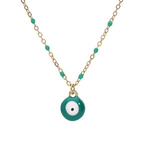 Collier en acier et PVD jaune chane avec pendentif oeil de la chance et olives couleur vert 40+5cm - Vue 1