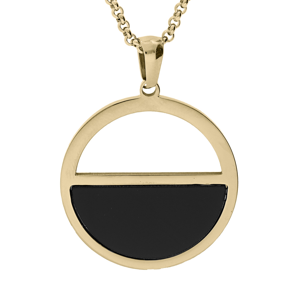 Collier en acier et PVD jaune cha�neavec pendentif anneau et demi cercle noir 42+4cm - Vue 1