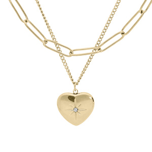 Collier en acier et PVD jaune double rang avec pendentif coeur 39+5cm - Vue 1