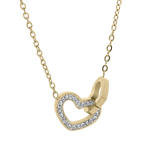 Collier en acier et PVD jaune pendentif double coeur oxydes blancs sertis 39+5cm - Vue 1