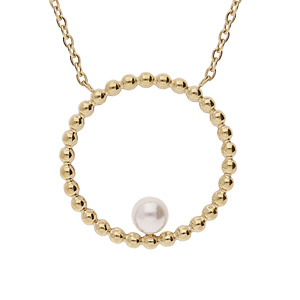 Collier en acier et PVD jaune pendentif rond boule avec perle de synthse blanche 45+5cm - Vue 1