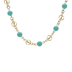 Collier en acier et PVD jaune perles de Jade bleu vritable et boules lisses 40+5cm - Vue 1