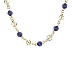 Collier en acier et PVD jaune perles il de tigre bleu vritable et boules lisses 40+5cm - Vue 1