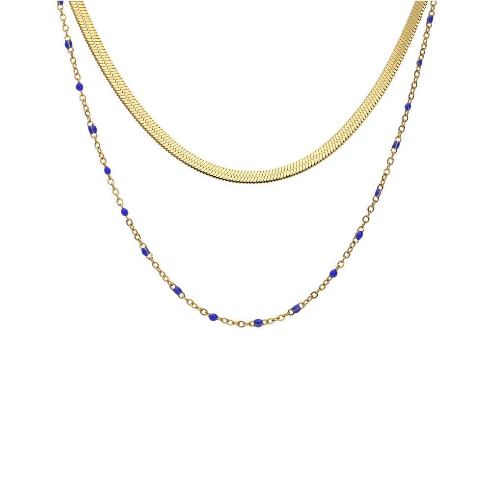 Collier en acier et PVD jaune 2 rangs maille plate et cha�nette avec olives bleu fonc� 37+5cm - Vue 1