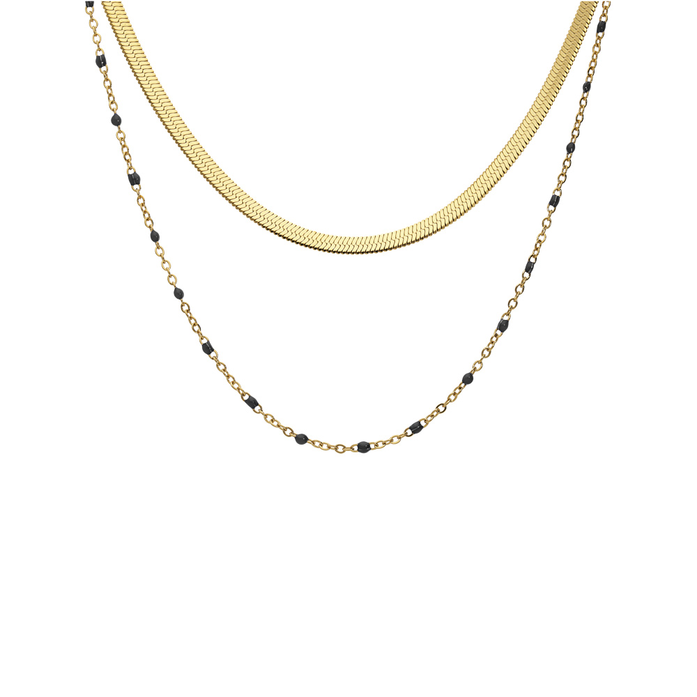 Collier en acier et PVD jaune 2 rangs maille plate et cha�nette avec olives noire 37+5cm - Vue 1