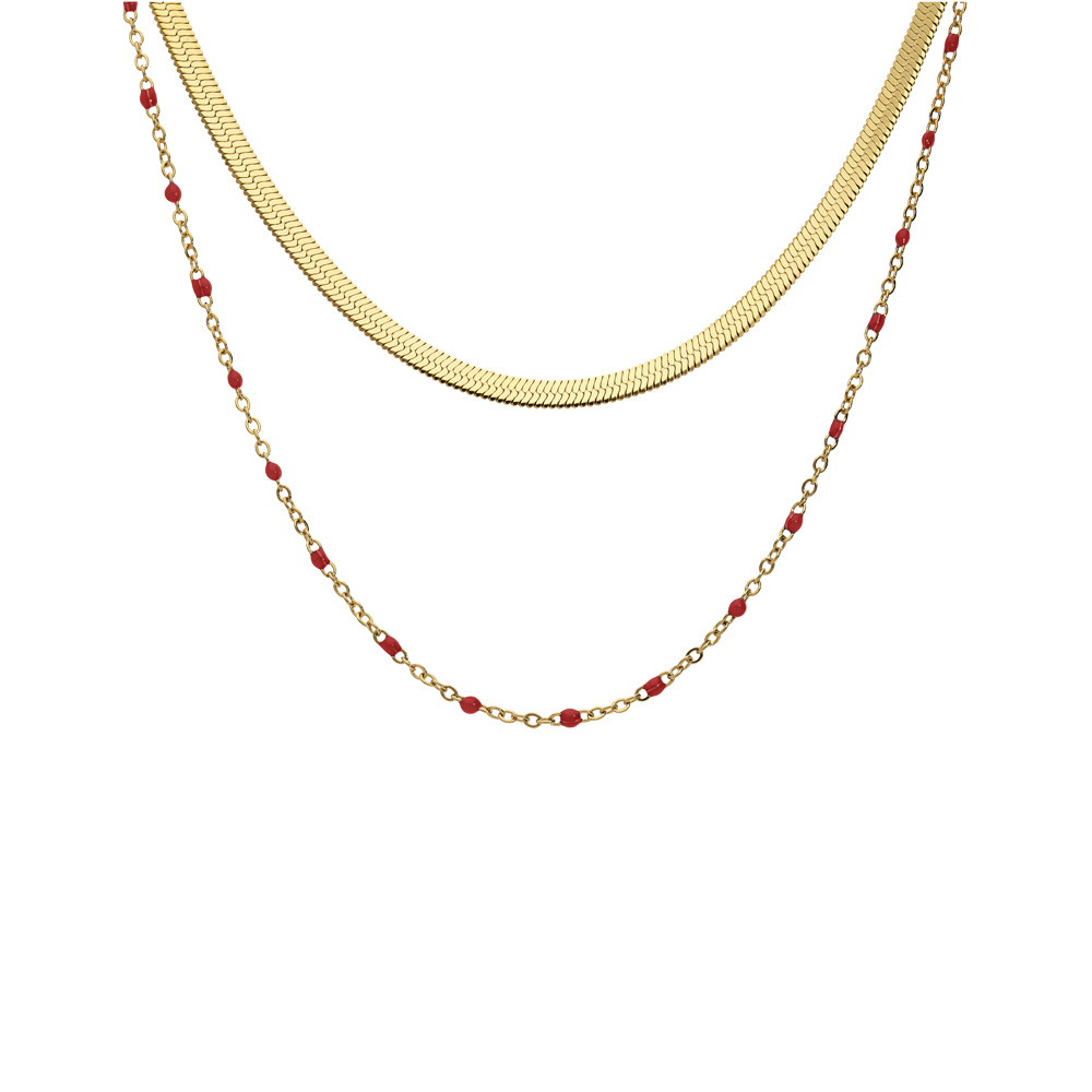 Collier en acier et PVD jaune 2 rangs maille plate et chanette avec olives rouge 37+5cm - Vue 1