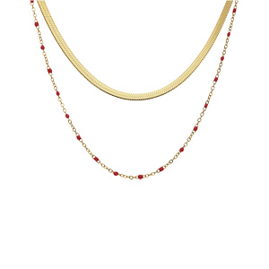 Collier en acier et PVD jaune 2 rangs maille plate et chanette avec olives rouge 37+5cm - Vue 1