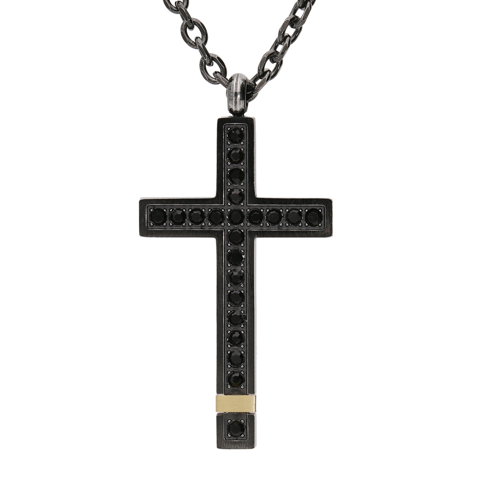 Collier en acier et PVD noir et jaune cha�ne avec pendentif grande croix et oxydes noirs 50+5cm - Vue 1