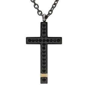 Collier en acier et PVD noir et jaune chane avec pendentif grande croix et oxydes noirs 50+5cm - Vue 1