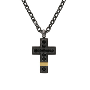 Collier en acier et PVD noir et jaune chane avec pendentif petite croix et oxydes noirs 50+5cm - Vue 1