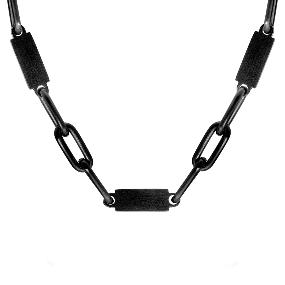 Collier en acier et PVD noir mat maillons rectangulaires et plaquettes  graver longueur 55cm+5cm - Vue 1