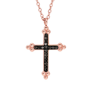 Collier en acier et PVD rose avec Pendentif Croix (17X3mm) rsine noire et pierres noires - 45+5cm - Vue 1